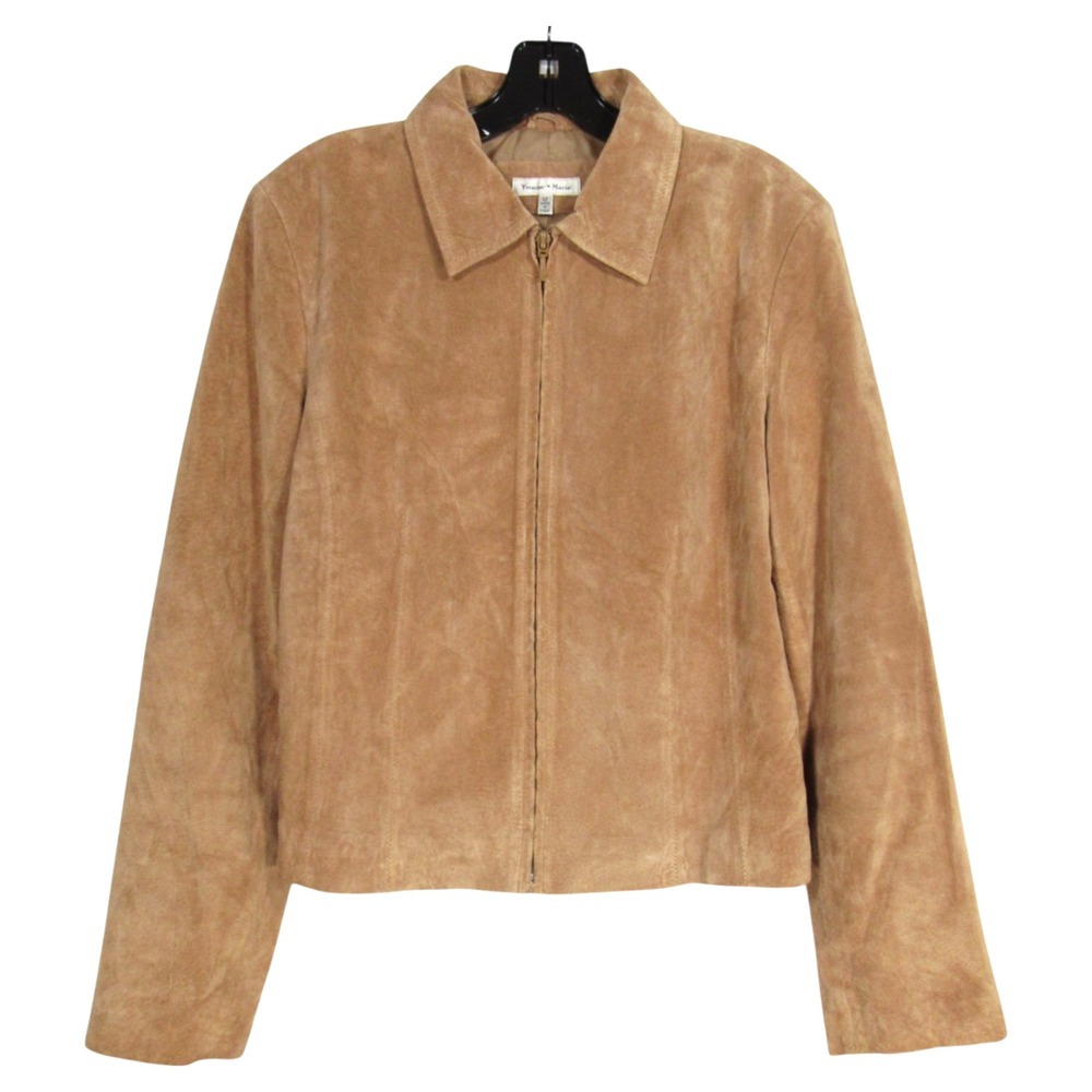 YVONNE LE MARIE Lined SUEDE LEATHER Brown FULL-ZIP Point Collar JACKET Sz 12